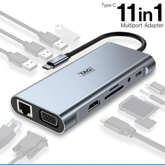 11 In 1 USB Hub - 4k HDMI - Type C to HDMI, VGA, LAN - USB 3.0 C HUB - USB Hub For PC Computer - Ethernet 10/100/1000Mbps - SD/TF Card Reader - USB Ports - Audio Port
