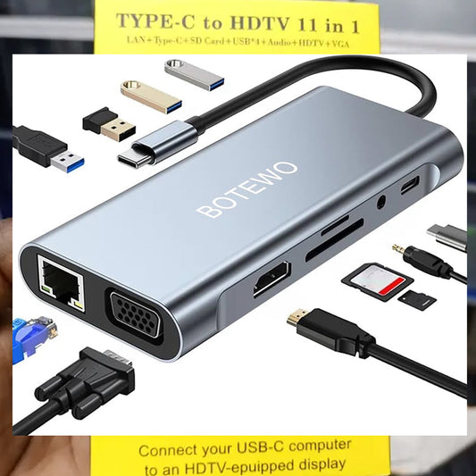 11 In 1 USB Hub - 4k HDMI - Type C to HDMI, VGA, LAN - USB 3.0 C HUB - USB Hub For PC Computer - Ethernet 10/100/1000Mbps - SD/TF Card Reader - USB Ports - Audio Port