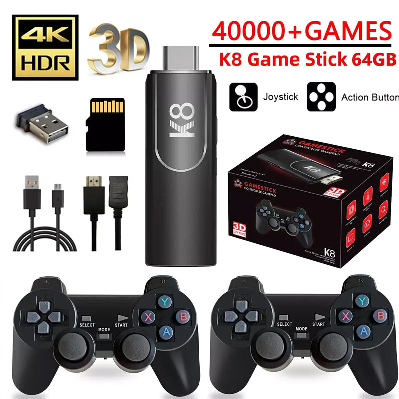 K8 gaming Console,Video Game Stick Built in 64gb 40,000 plus Games, 40 plus Classic Emulators, 4K High Definition HDMI Output for TV with Dual 2.4G Wireless Controllers